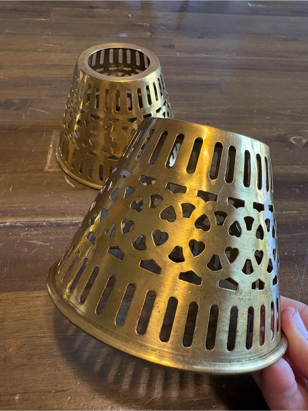 Vintage MCM Deco Brass Metal Mini Lamp Shade Candle Holder Top Perforated Heart